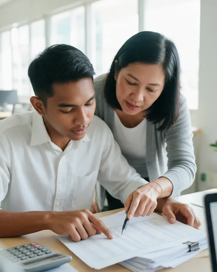 A trainee at a finance desk reviewing a printed sheet with a senior colleague pointing with a pen