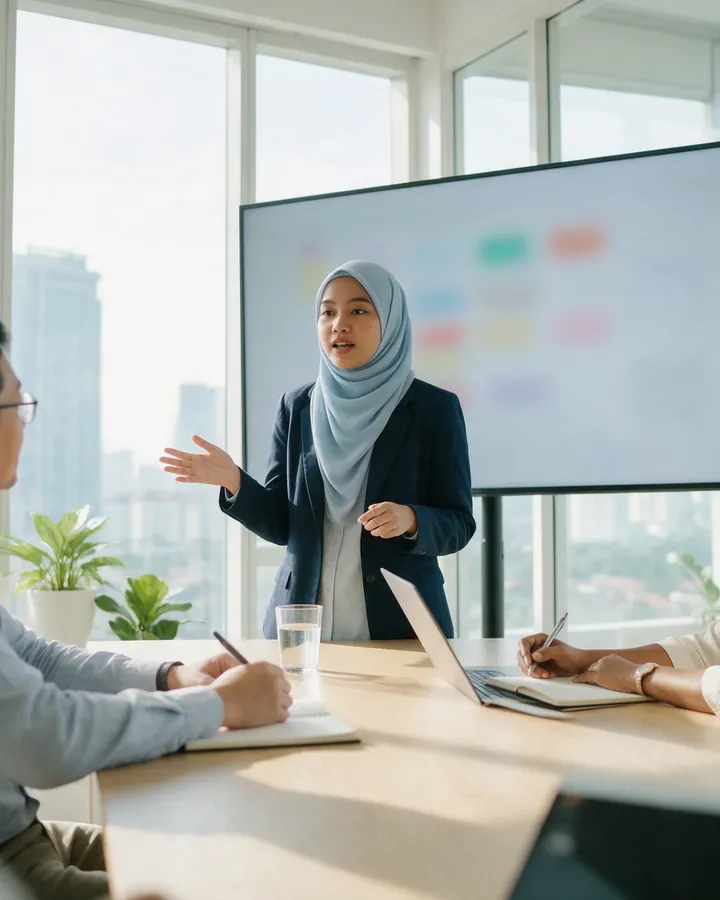 A trainee in a blazer presenting to two colleagues in a bright glass meeting room with the city behind