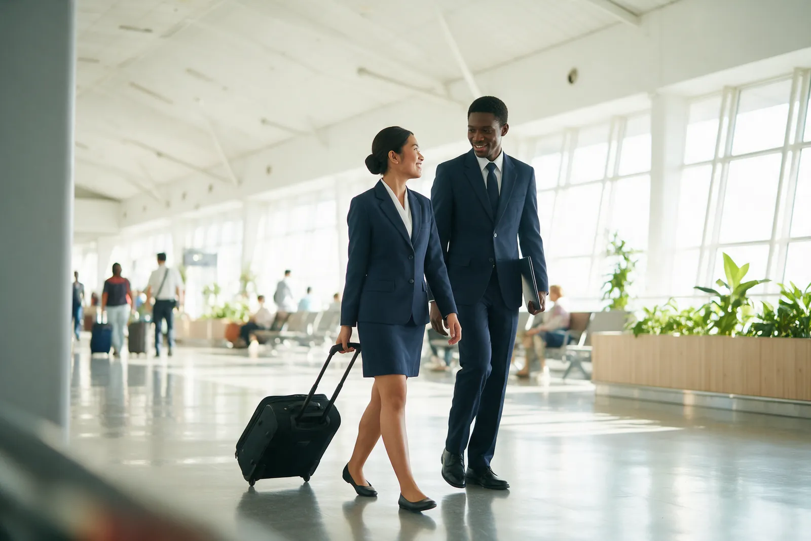 Two trainees in plain navy suits walking through a bright airport concourse with a cabin bag