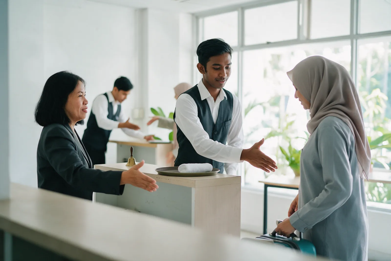An instructor coaching a trainee practising a welcome across a front-office training counter