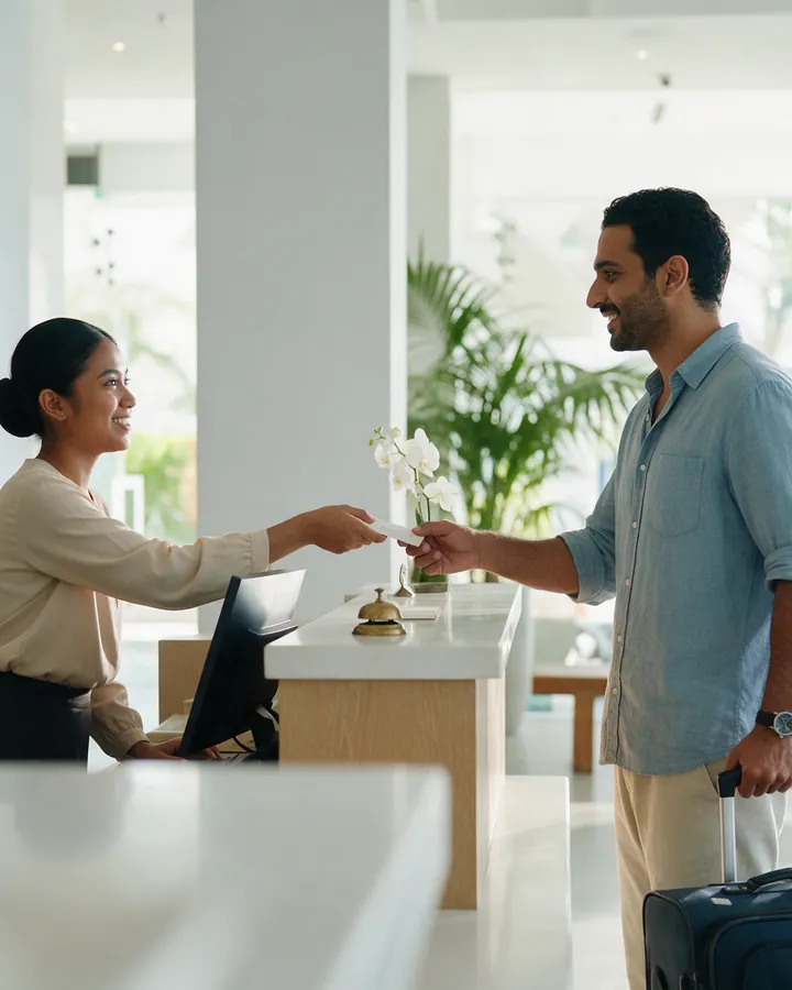 A trainee at a bright wooden hotel front desk handing a key-card folder to a guest, palms behind