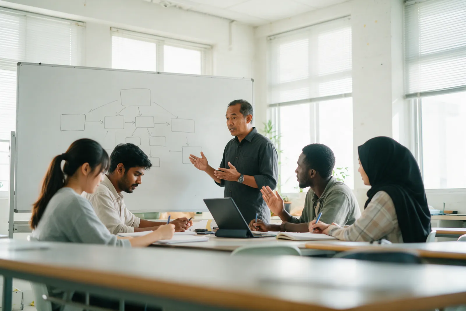 A lecturer explaining a flowchart on a whiteboard to a front row of engaged students